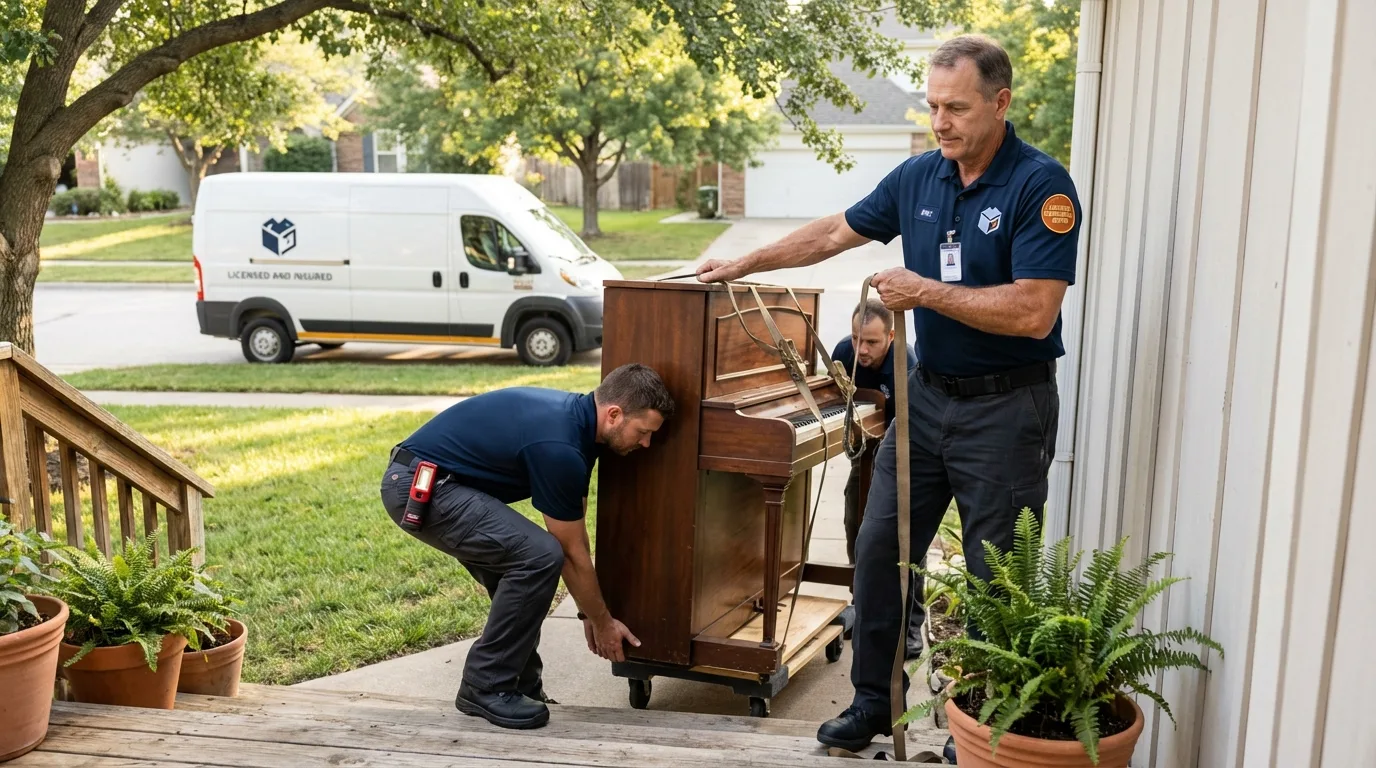 Licensed piano movers securing grand piano in Troy, MO