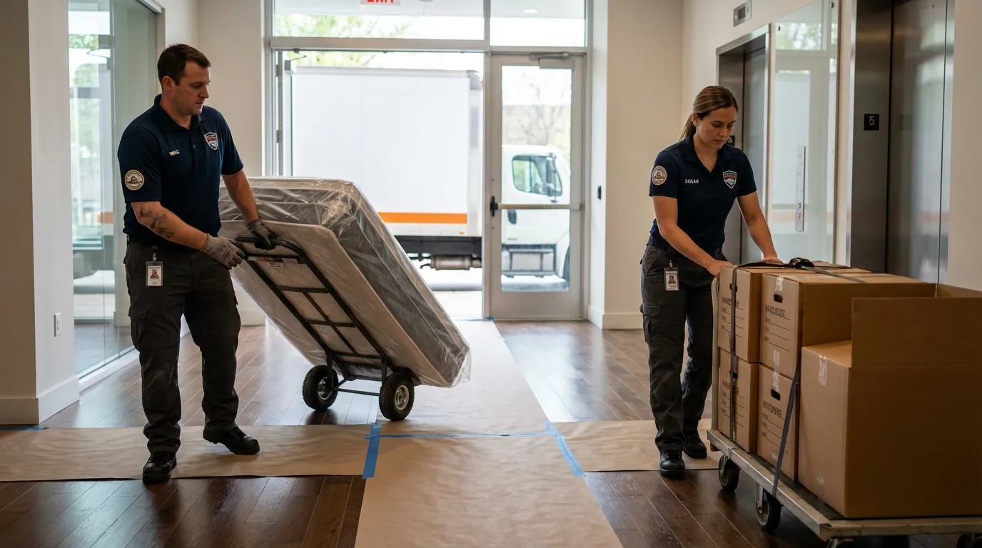 Professional apartment movers loading elevator in Troy, MO